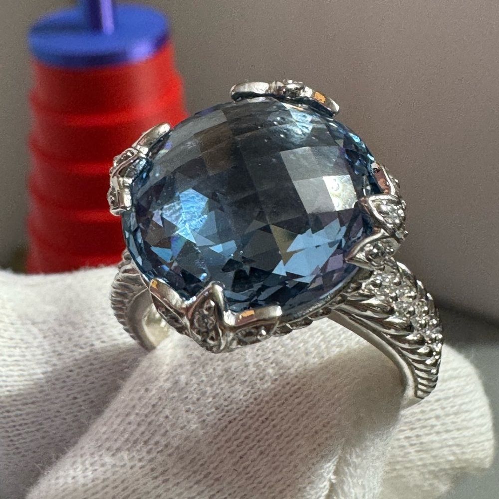 Judith Ripka 925 Sterling Silver Faceted Blue Topaz & CZ Ring